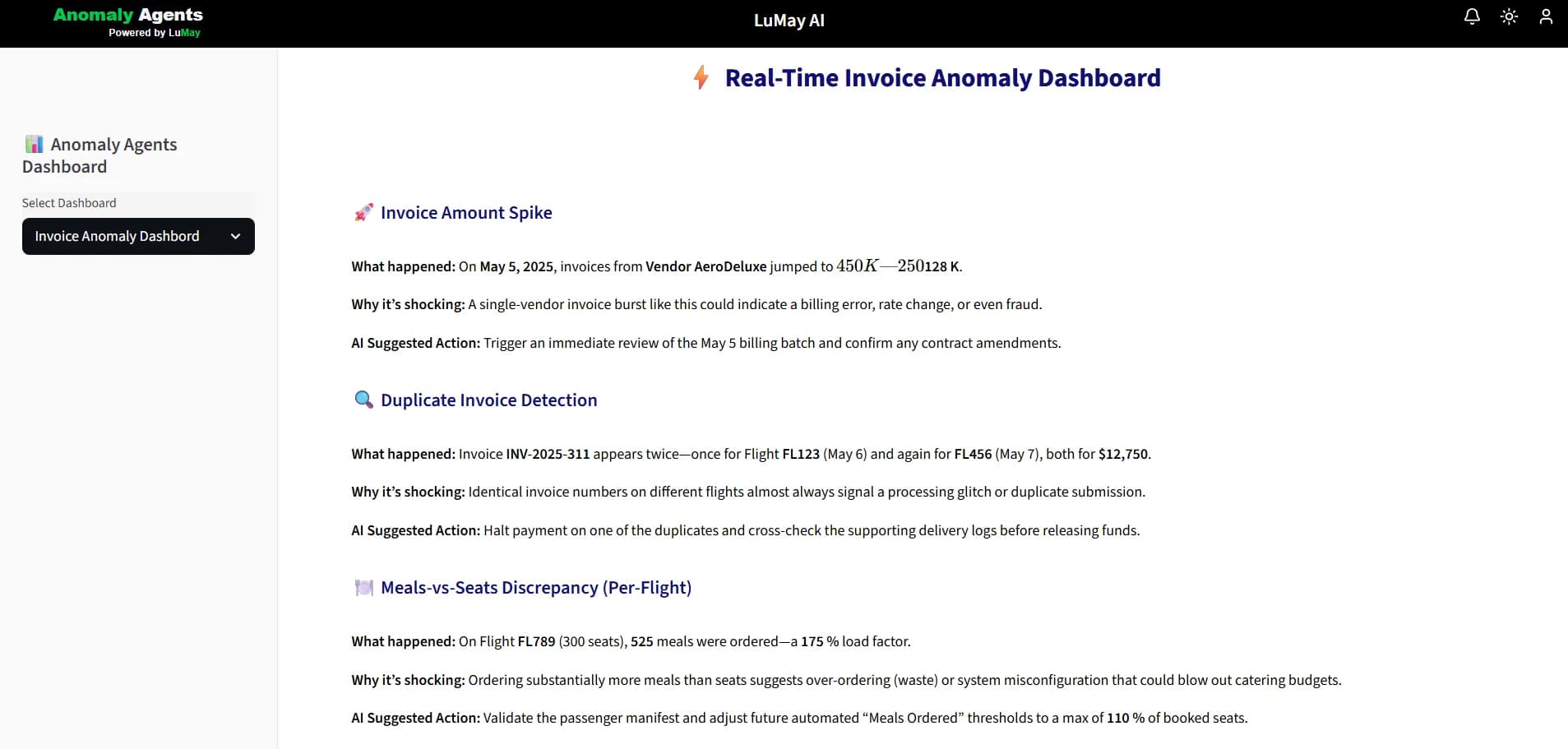 LuMay Anomaly Detection Agent dashboard